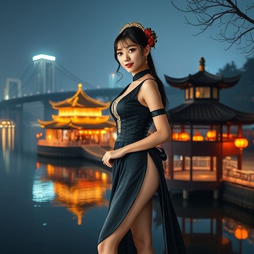 珠江夜景与茶楼融合远景图