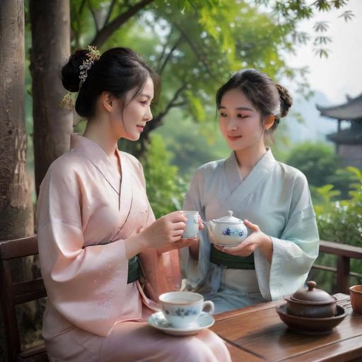 朋友品茶享用点心的欢乐场景