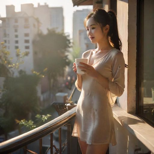 清晨的阳台，女孩享受咖啡时光