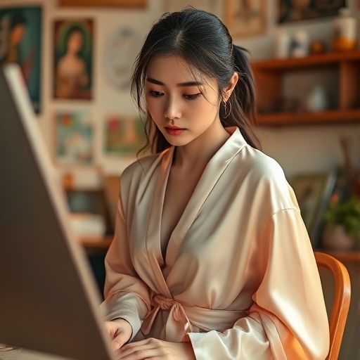 女孩沉浸在创作中的瞬间