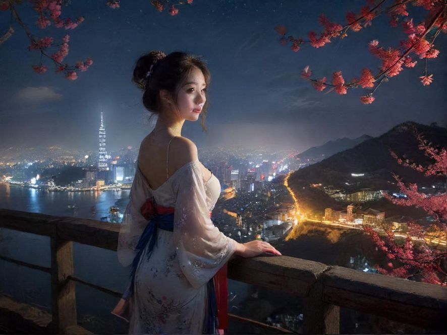 一张广州夜晚的城市天际线照片，前景隐约可见桑拿会所的招牌或建筑特色。