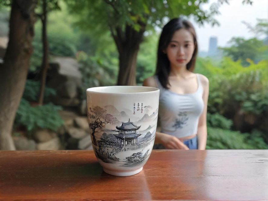 一个冒着热气的茶杯放在古朴的木桌上，背景是中式风格的会所大厅