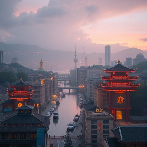 广州夜景，高楼林立，灯火辉煌，充满都市气息