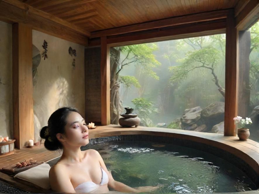 一位客人正在享受全身SPA，柔和的灯光和香氛营造出宁静放松的氛围。