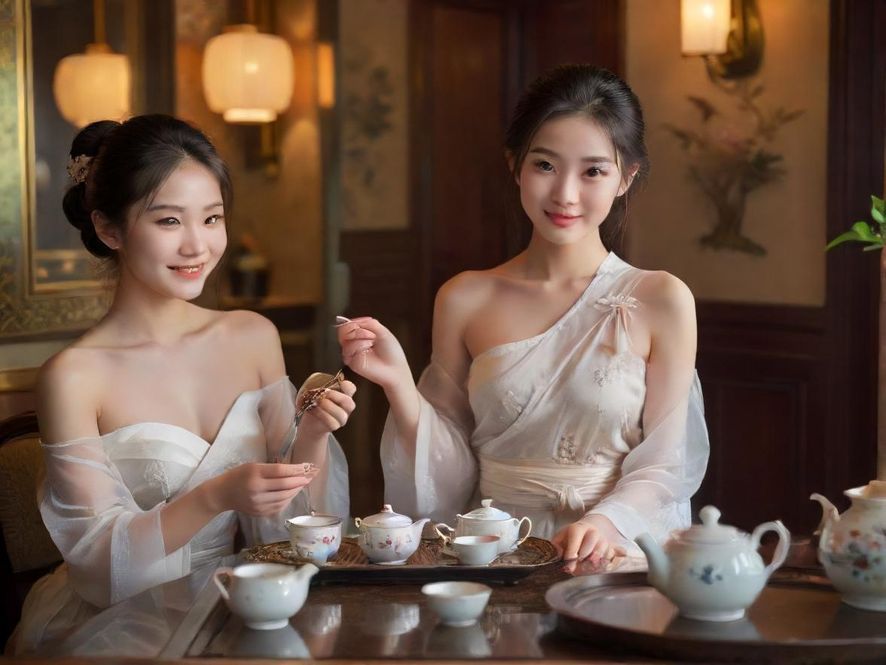 一位面带微笑的优雅茶艺师，在深圳某高端品茶工作室的私密包厢内，为客人进行专业的茶道服务。
