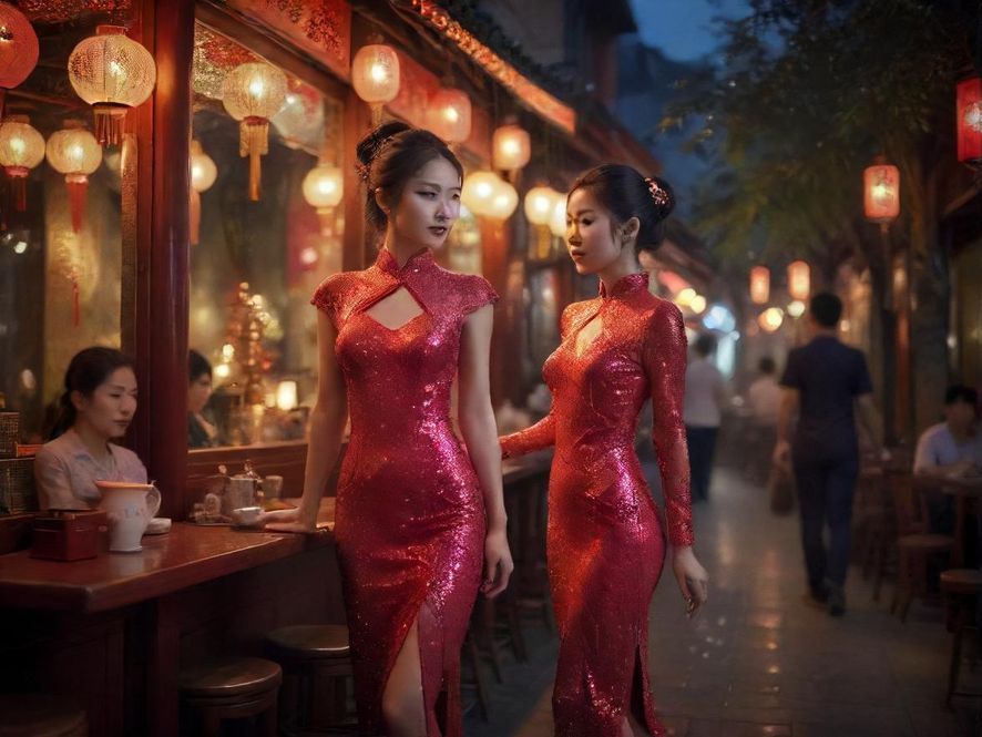 广州夜色下的茶馆，灯光朦胧，充满故事感