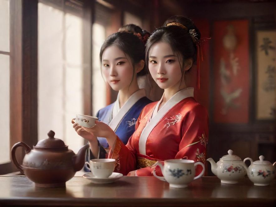 一套精致的茶具在柔和光线下