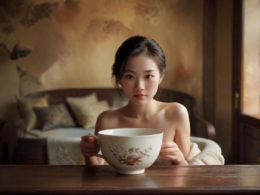 一个精致的茶杯，特写镜头，暖色调，暗示休闲与放松