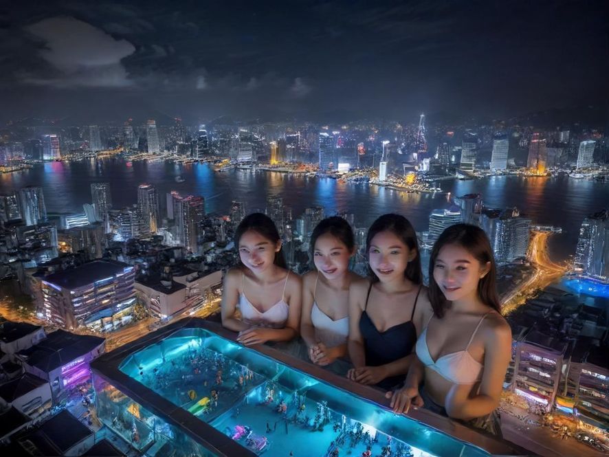 繁华都市的夜景，霓虹灯光璀璨，从高处俯瞰，城市的休闲娱乐区灯火通明，充满活力。