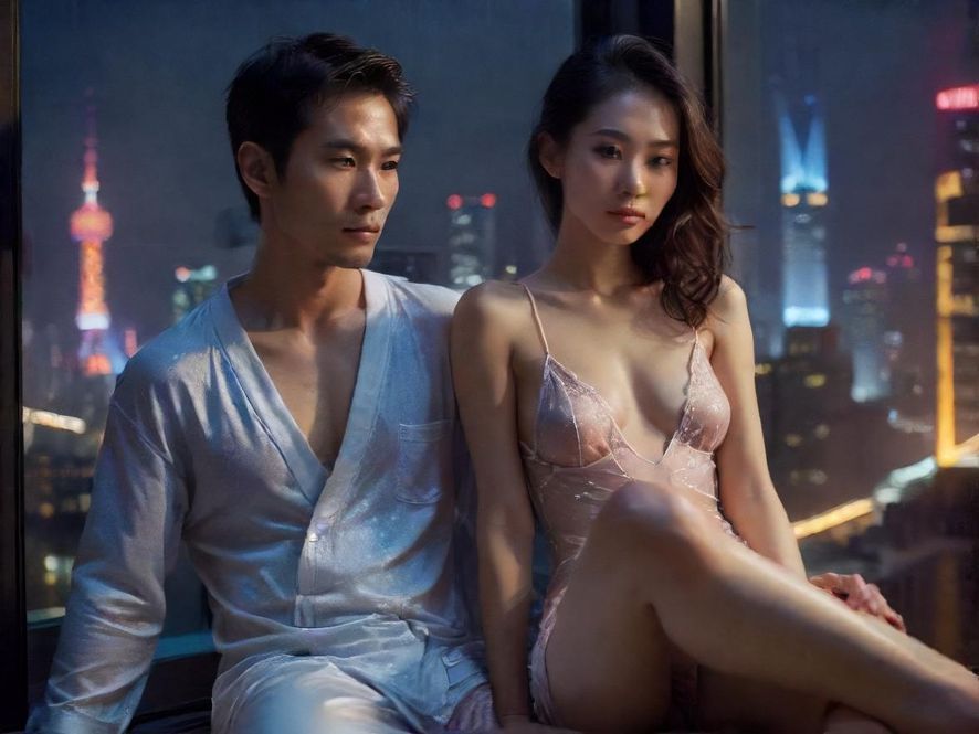 一个男人站在城市夜景前，表情放松，若有所思，体现都市人的休闲需求