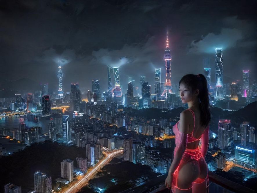 深圳都市夜景，霓虹闪烁，车水马龙，一派繁华景象