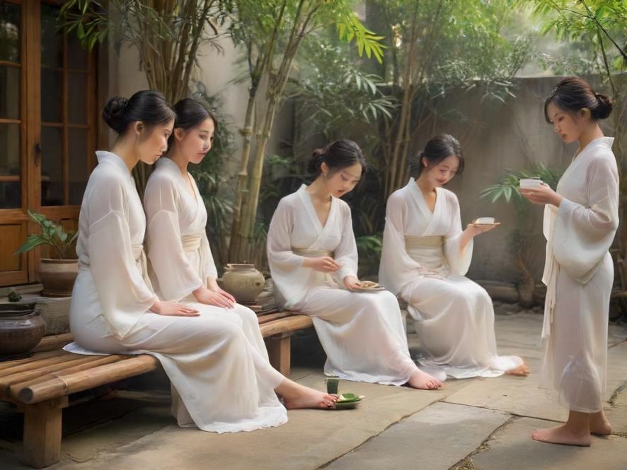 花社区茶艺课现场，老师与学员在竹林小院品茶交流