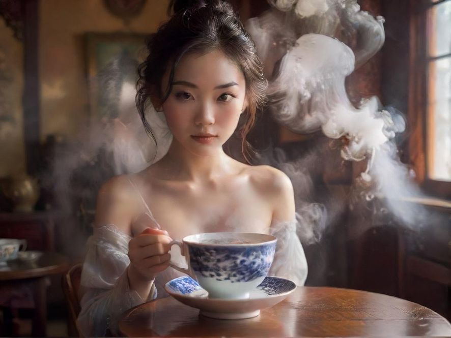 冒着热气的茶杯特写