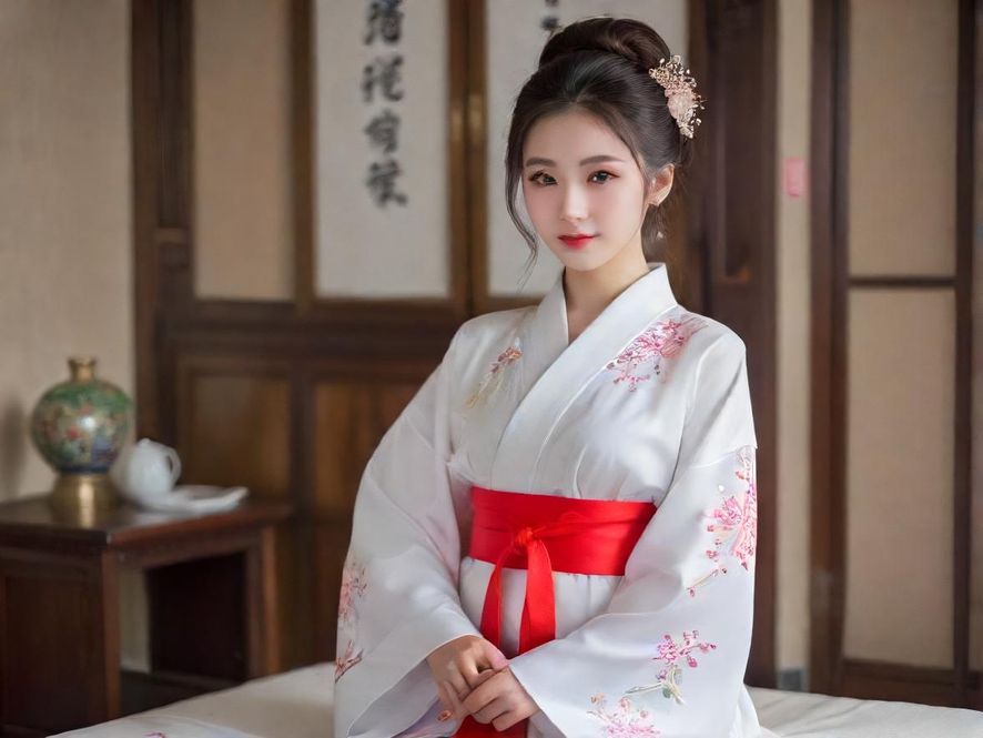 一位温柔甜美的女性服务员，面带微笑，眼神充满善意。