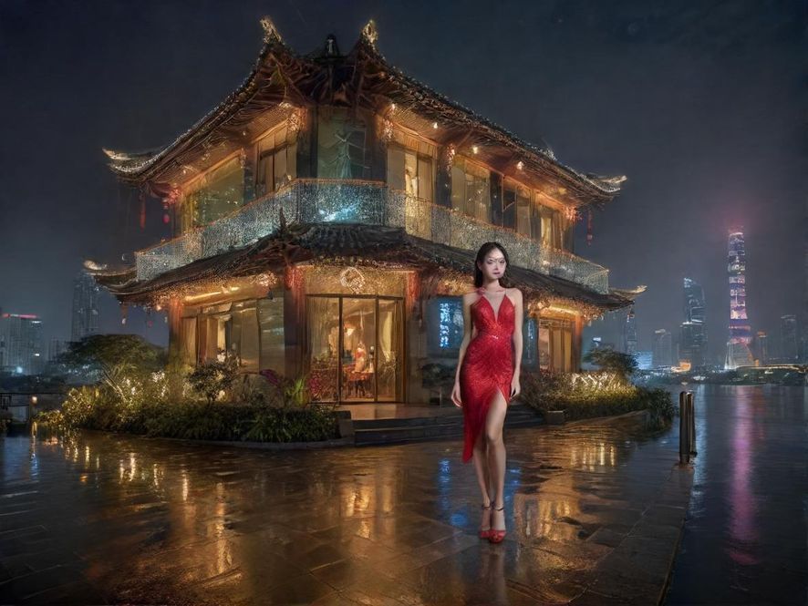 广州天河夜色下的休闲会所外景