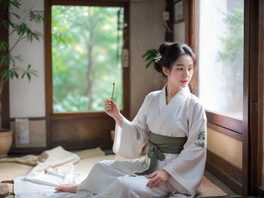 一位在深圳温馨茶室中品茶的女士，侧颜精致，享受静谧时光