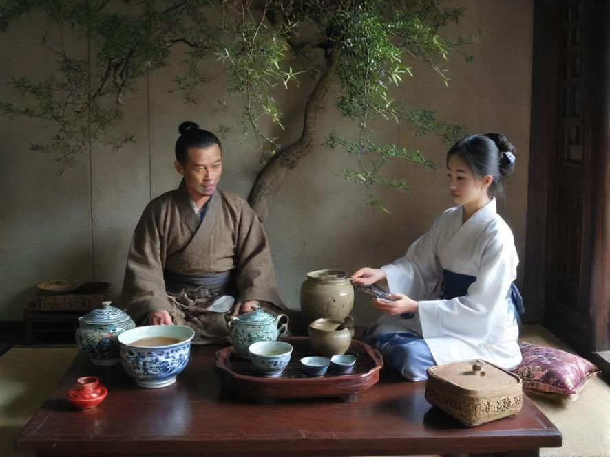 一群年轻朋友在现代中式风格的茶馆里，围坐一起，边品茶边轻松交流。