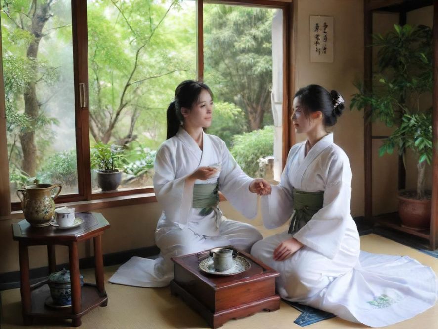 一位气质优雅的女士，在深圳一间温馨雅致的自带工作室中，专注地泡着茶，桌上摆放着精致的茶具。