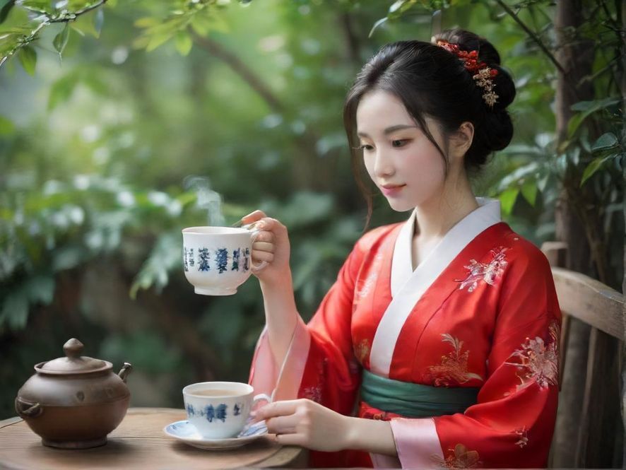 典雅女性侧影，手持茶杯，柔和光线下的私密空间，营造温馨氛围