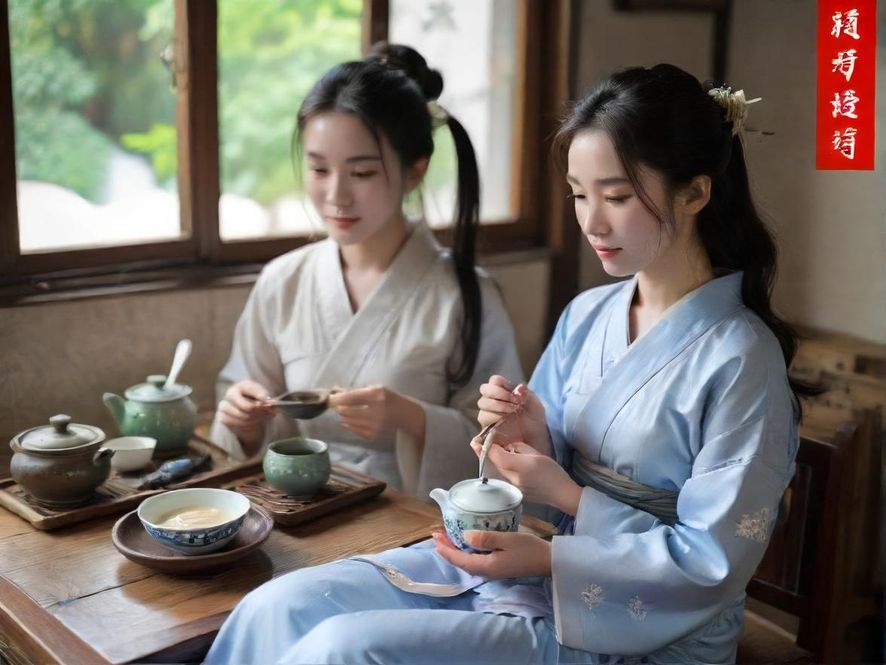 一位身着素雅服饰的女子，在温馨雅致的茶室中，侧身轻嗅茶香，柔和的光线透过窗棂洒入，营造出宁静而富有禅意的品茗氛围。