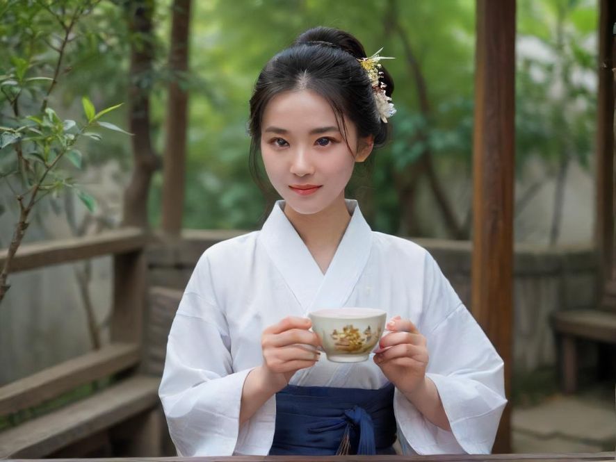 一位女士在现代风格的茶馆中享受片刻宁静，神情放松。