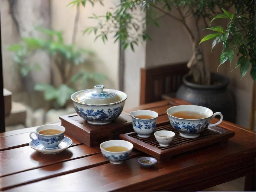 一间布置雅致的茶室，光线柔和，充满古典美