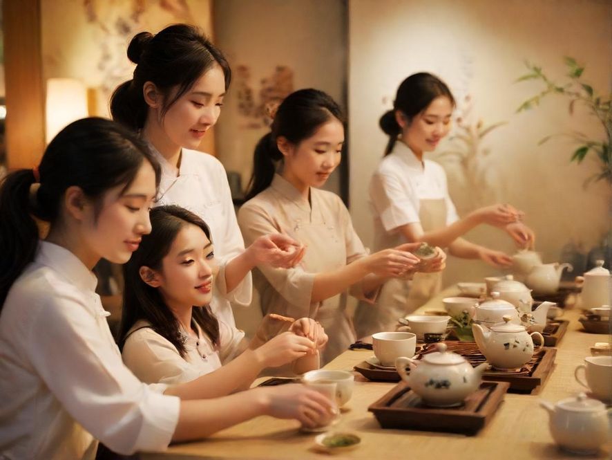 广州茶艺课堂学员互动现代茶室轻松氛围
