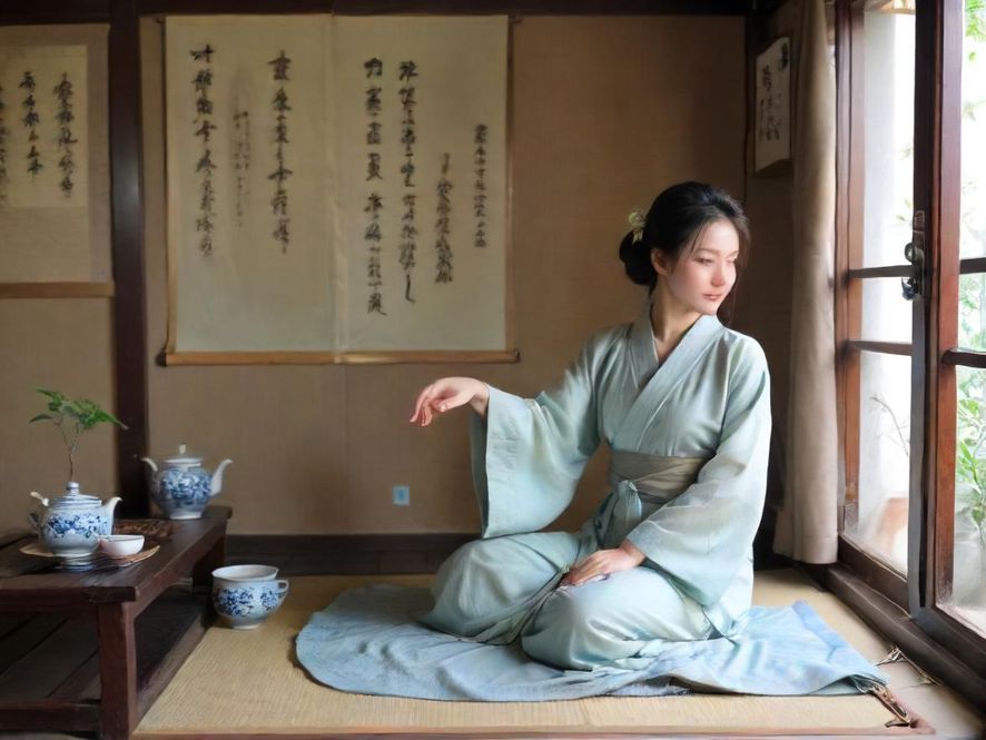 一位气质优雅的茶艺师正在温馨雅致的茶室中，以轴测视角展现其冲泡茶的专业姿态，背景是柔和的光线和传统的茶具。