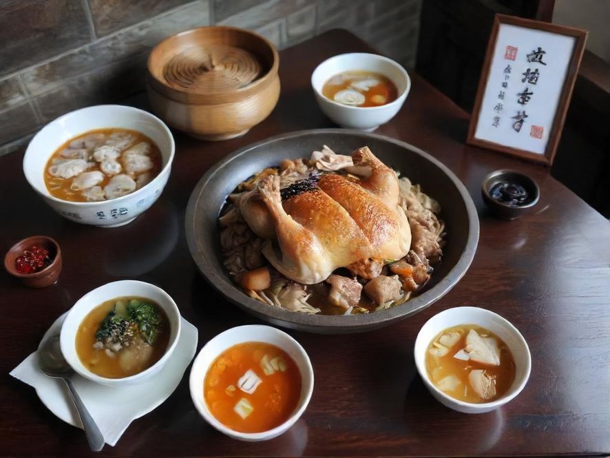 广佛地道美食，如艇仔粥、叉烧包、双皮奶等，摆放在古朴的木桌上，光线温馨，充满市井烟火气。