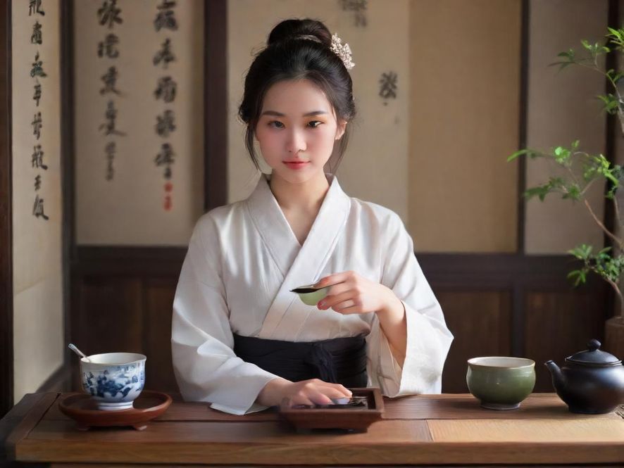 一位女士在雅致的茶室中,侧身轻啜香茗,柔和的光线洒在她身上,营造出宁静而舒适的现代中式氛围。