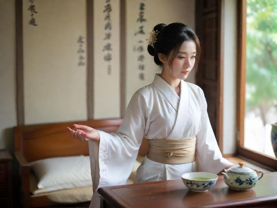 一位气质优雅的女士,手持精致茶杯,眼神温柔地凝视着杯中茶汤,在温馨茶室的柔和灯光下,尽显品茶的唯美意境。