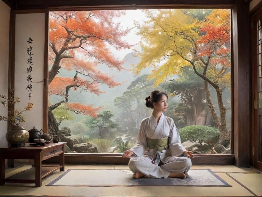 一位身着优雅服饰的女子坐在光影交错的茶室中，背对镜头，营造出一种神秘而宁静的氛围，引人遐想。