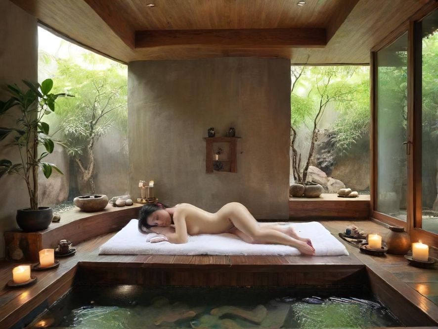 深圳高端SPA会所内部,俯视角度展示其精致的现代奢华设计,营造出宁静的水疗氛围。