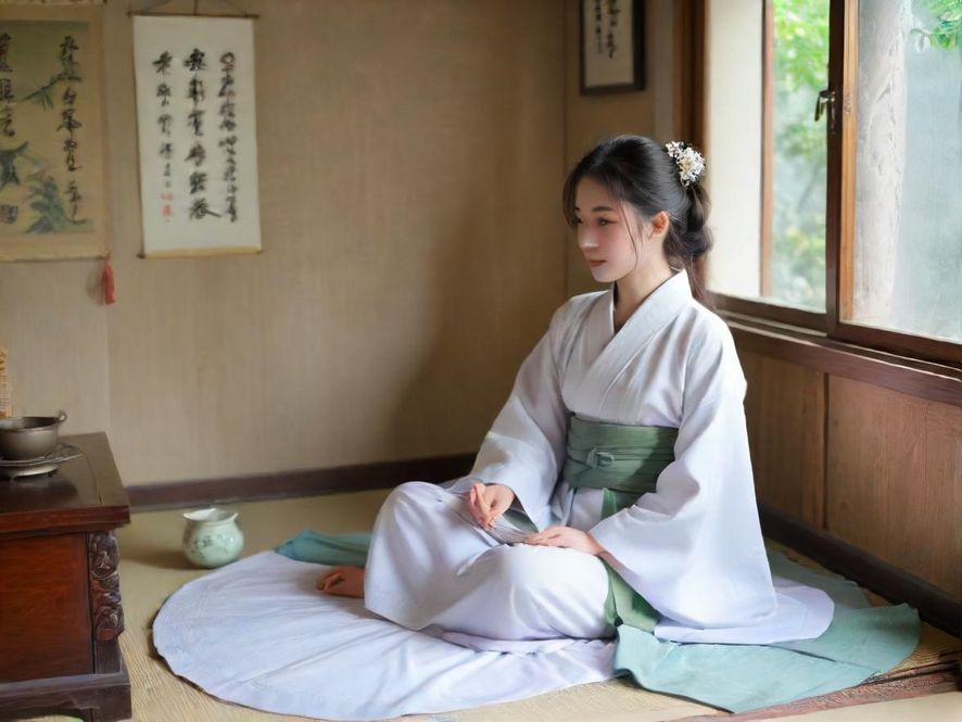 一位气质优雅的女士在深圳一家温馨茶室中品茶,茶室布置考究,光线柔和