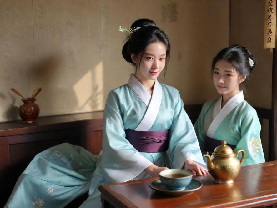 一对男女在古朴典雅的中式茶馆里对坐品茶，温暖的柔光透过窗户洒进来，营造出一种文艺复古、宁静祥和的氛围。