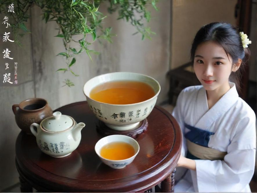 一位女士在雅致的茶室中,侧身轻捧茶杯,神情宁静,柔和的光线勾勒出东方美学的韵味。