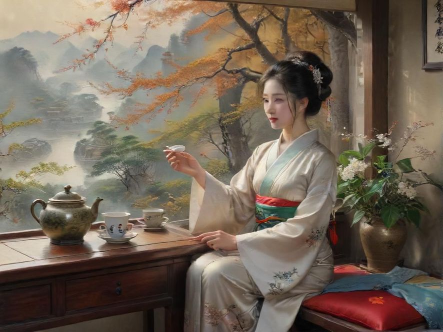 一位气质优雅的东莞新茶美女，在柔和灯光下的高档茶室中静静坐着