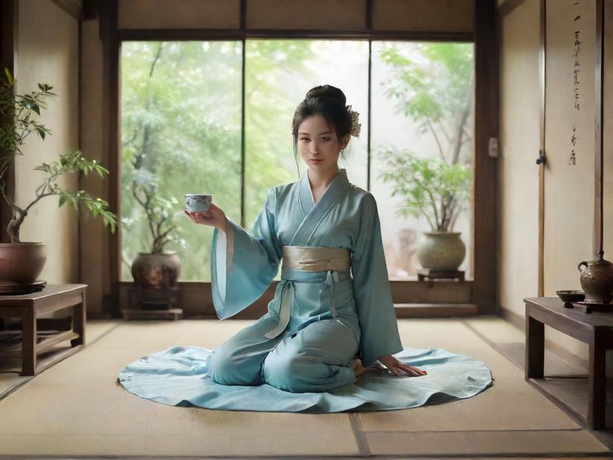 一位女士在古色古香的茶室中专注品茶,呈现出宁静舒适的艺术摄影风格