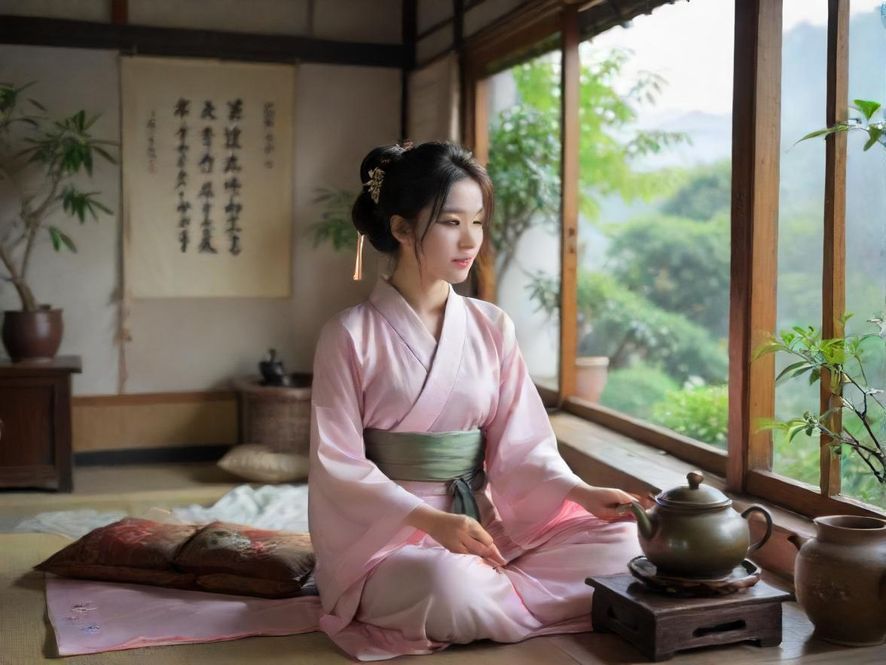 一位气质优雅的女士在家中温馨茶室享受深圳喝茶外卖服务