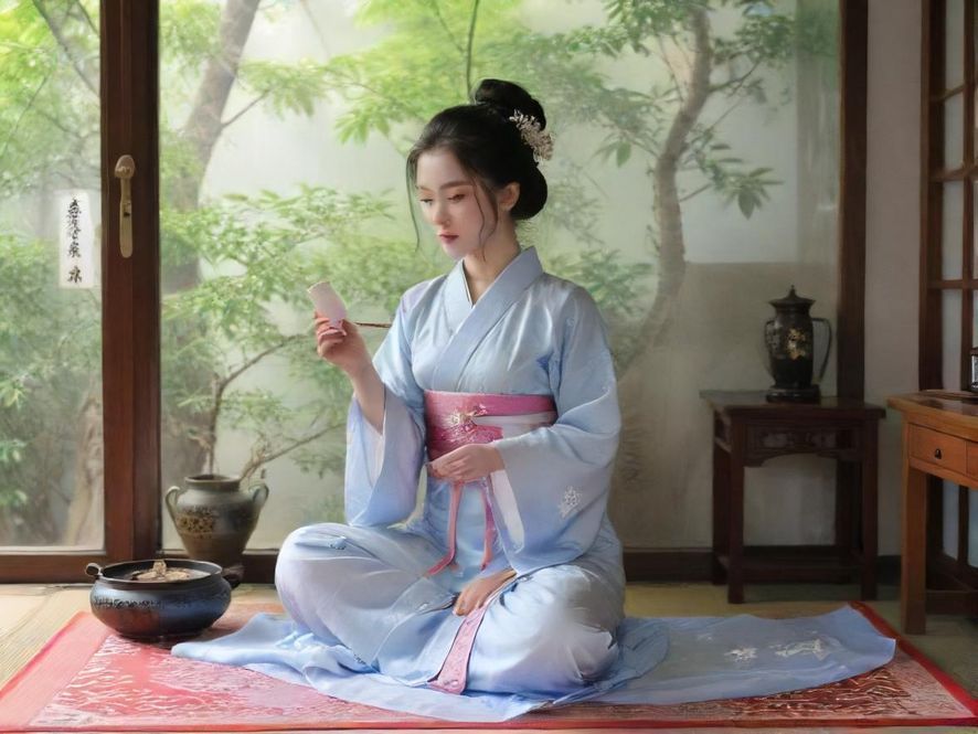 一位身着优雅中式服饰的女子,在广州一间充满柔和光线的私享茶室中,享受着片刻的宁静。